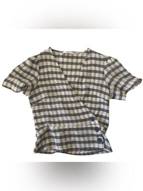 Mango Plaid Peplum Wrap Top Blouse Plaid Short Sleeve 💕